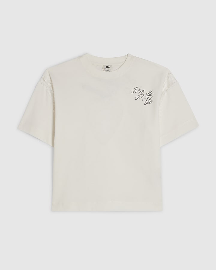 Girls White Heart Lace T-Shirt