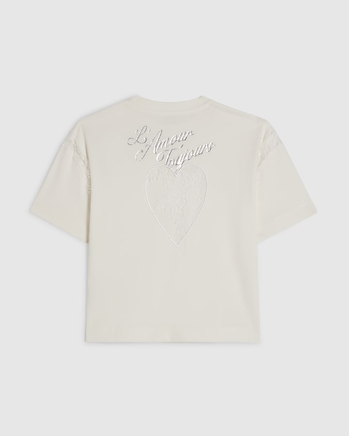 Girls White Heart Lace T-Shirt