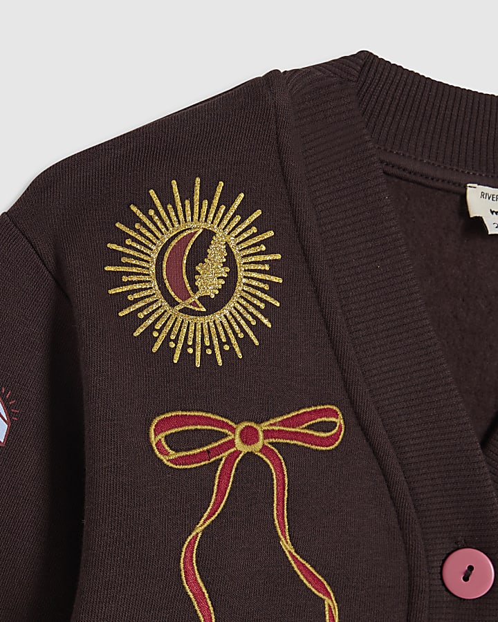 Mini Girls Brown Icon Embroidered Cardigan