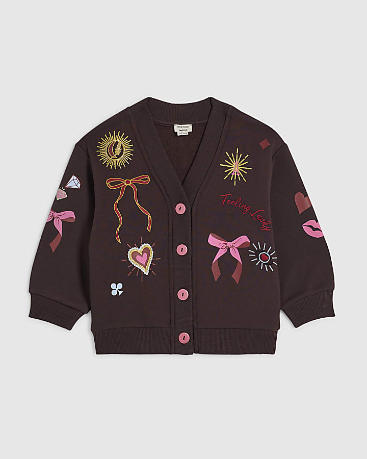 Mini Girls Brown Icon Embroidered Cardigan