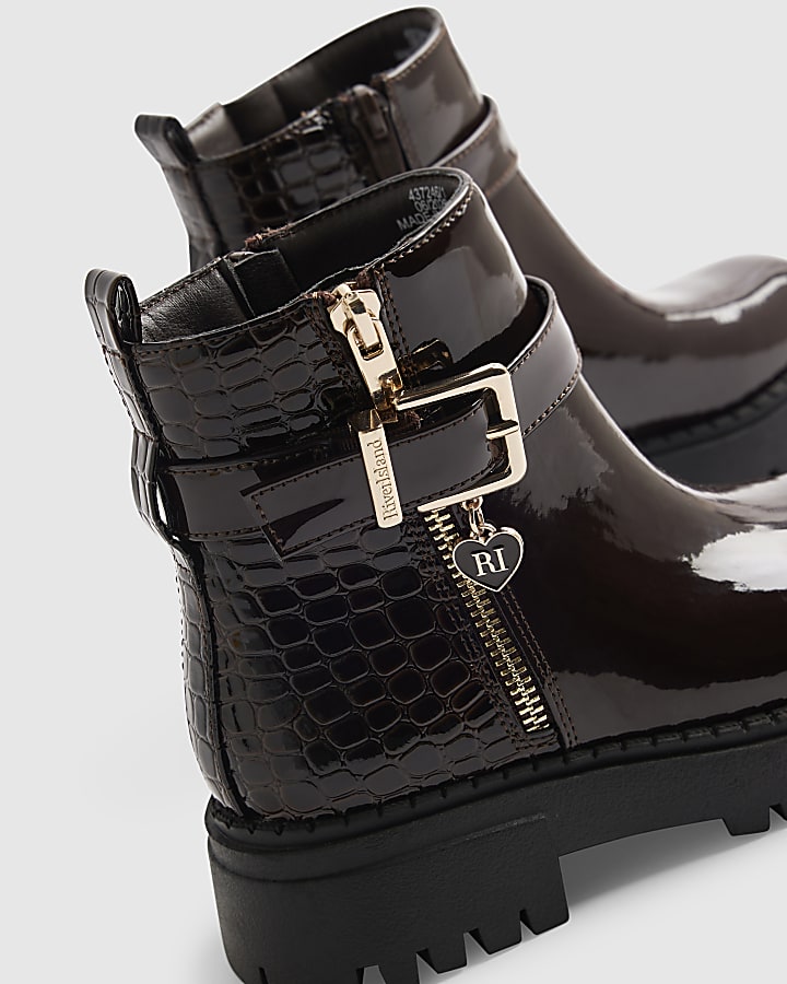 Girls Brown Chocolate Croc Zip Up Boot
