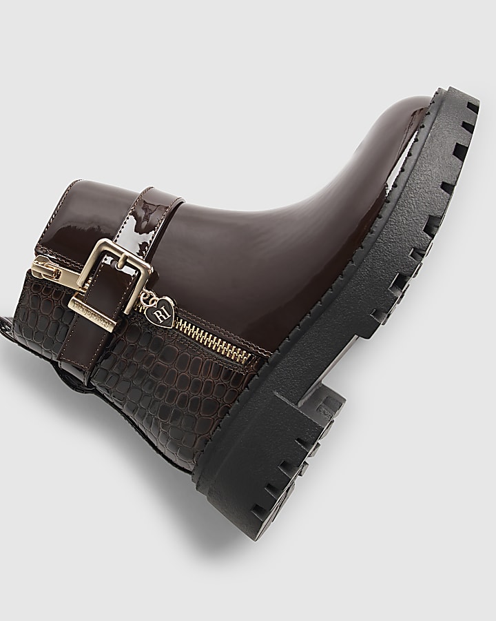 Girls Brown Chocolate Croc Zip Up Boot
