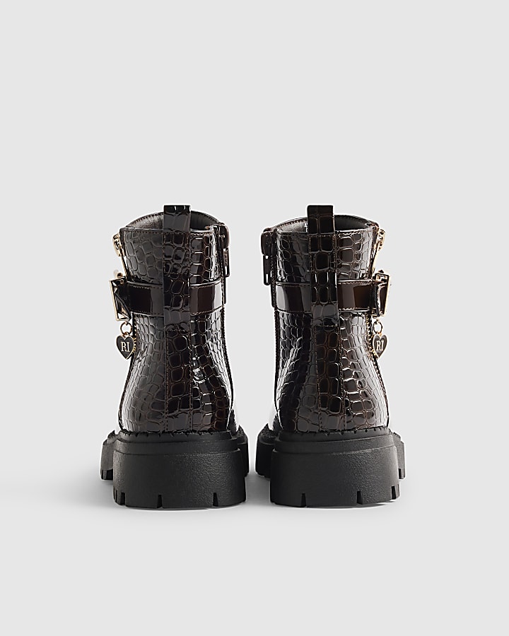 Girls Brown Chocolate Croc Zip Up Boot
