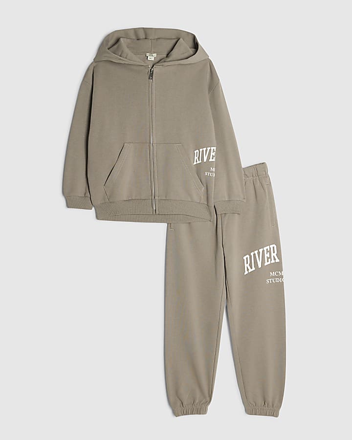 Boys Brown RI Branded Zip Hoodie Set