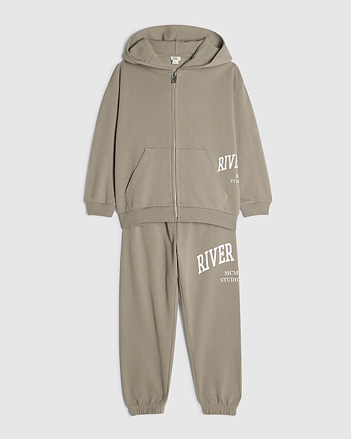 Boys Brown RI Branded Zip Hoodie Set