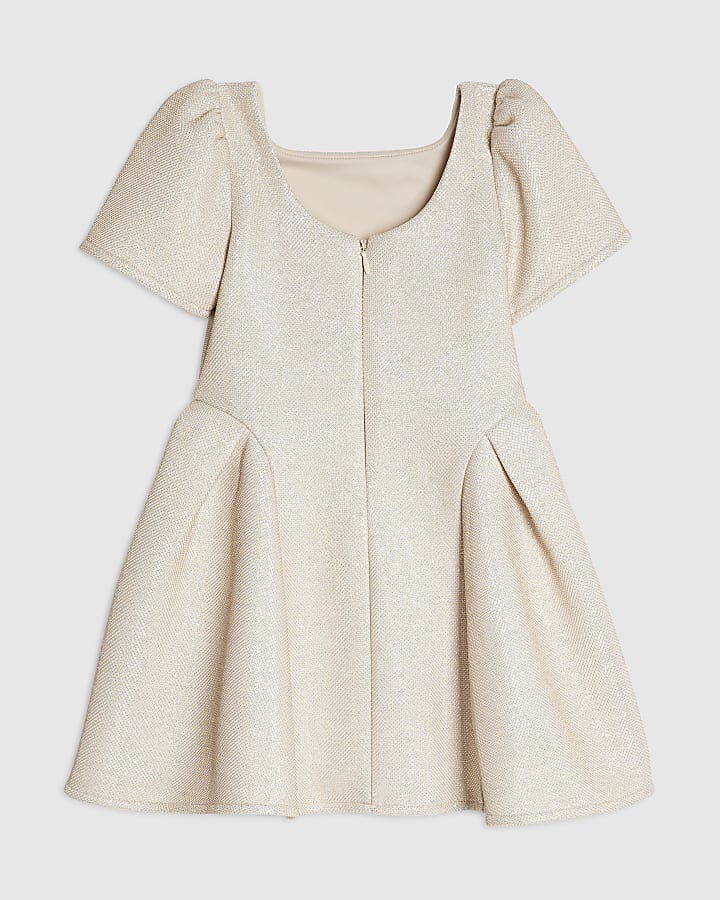Mini Girls Beige Glitter Bow Dress