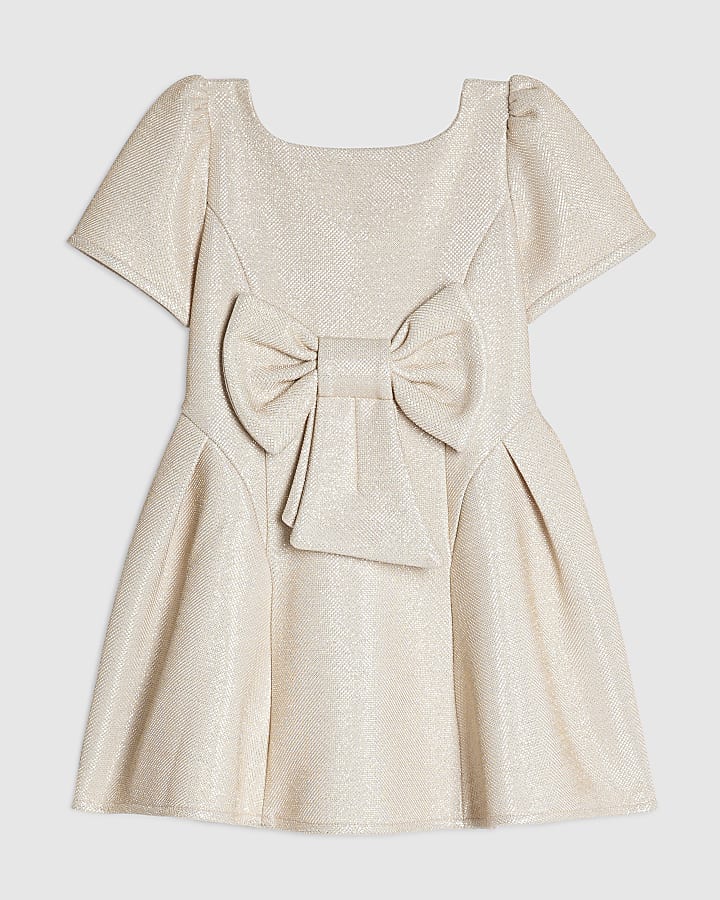 Mini Girls Beige Glitter Bow Dress