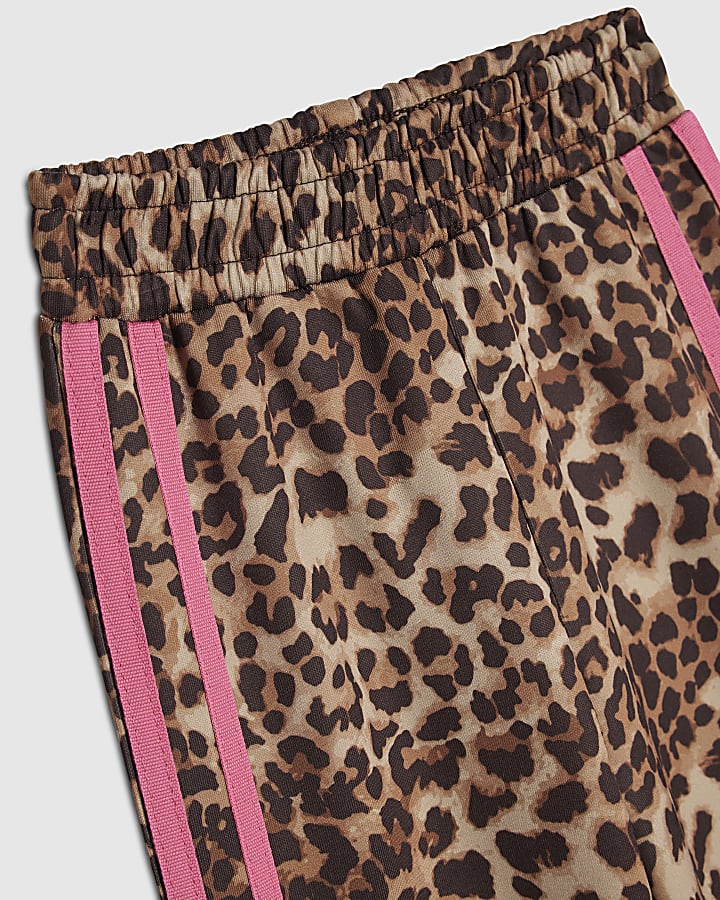 Mini Girls Brown Leopard Side Stripe Joggers