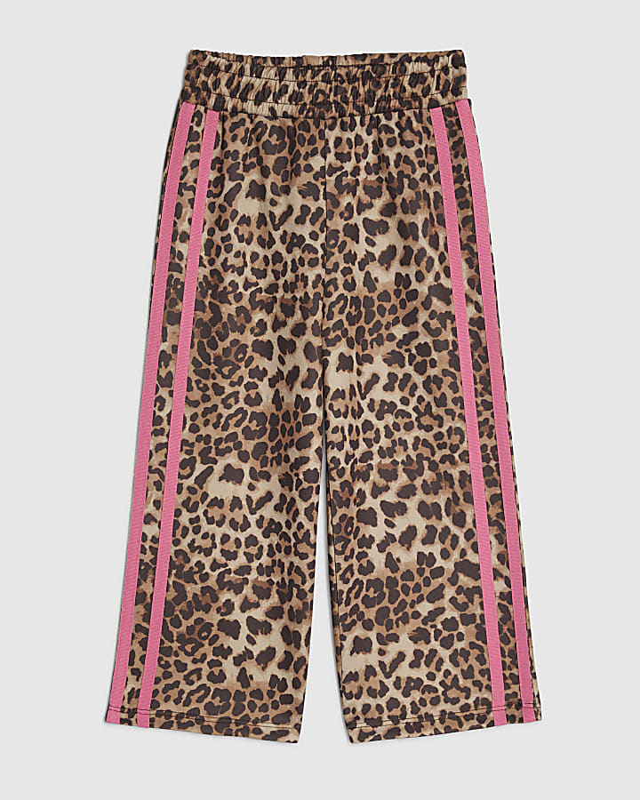 Mini Girls Brown Leopard Side Stripe Joggers