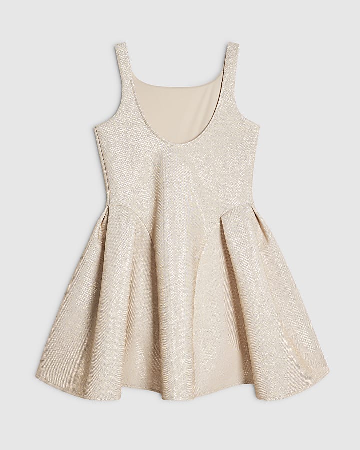 Girls Beige Glitter Bow Premium Dress