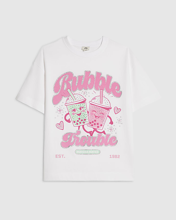 Girls White Cotton Bubble Trouble T-Shirt