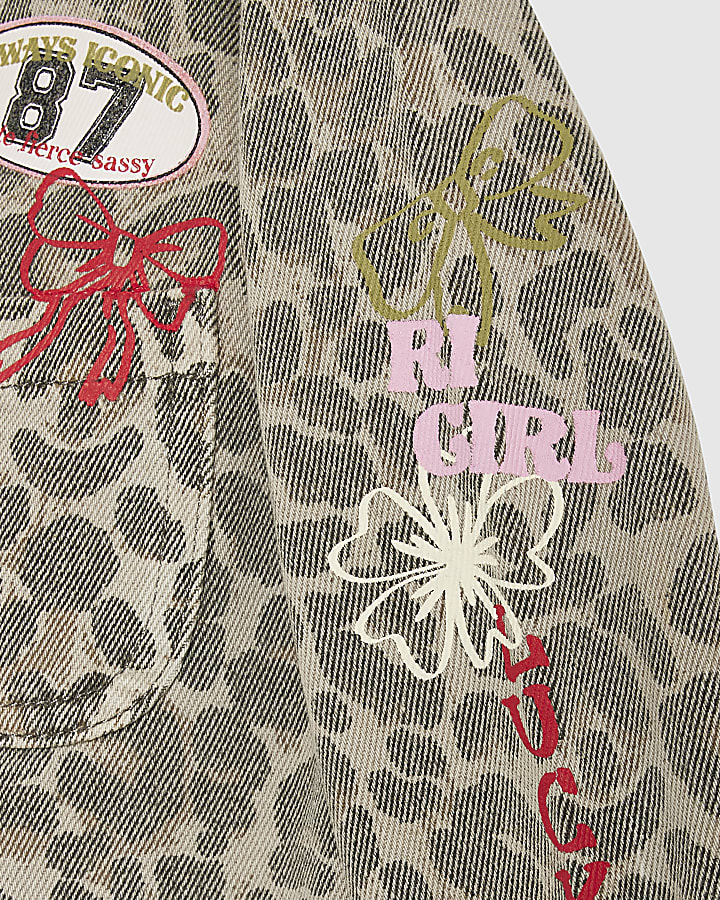 Mini Girls Beige Leopard Badged Denim Jacket