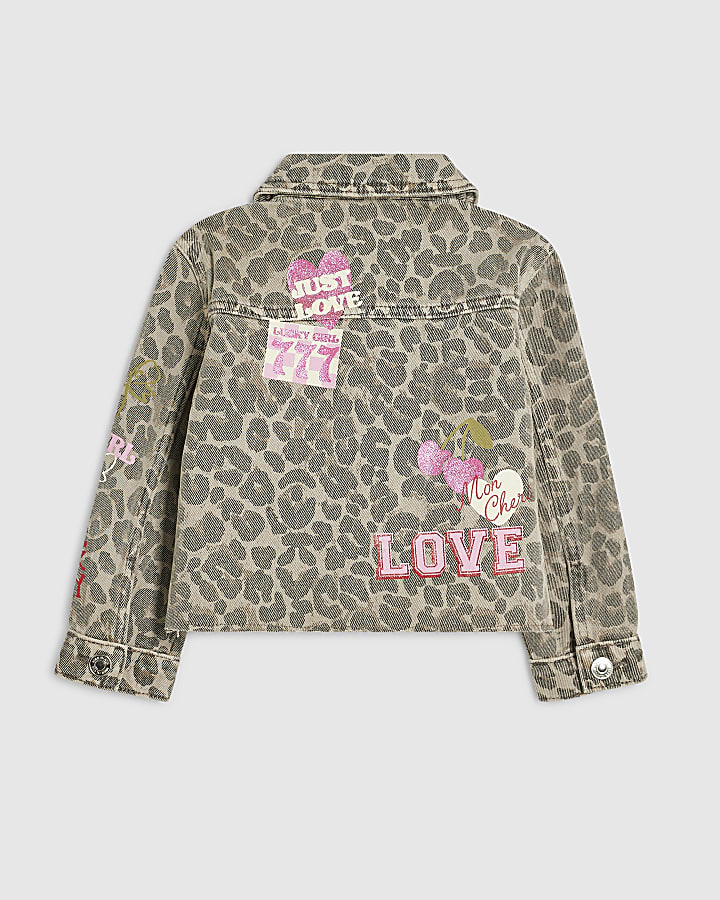 Mini Girls Beige Leopard Badged Denim Jacket