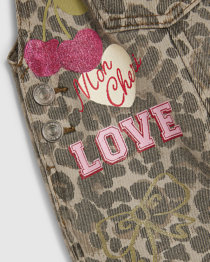 Mini Girls Brown Leopard Print Dungarees