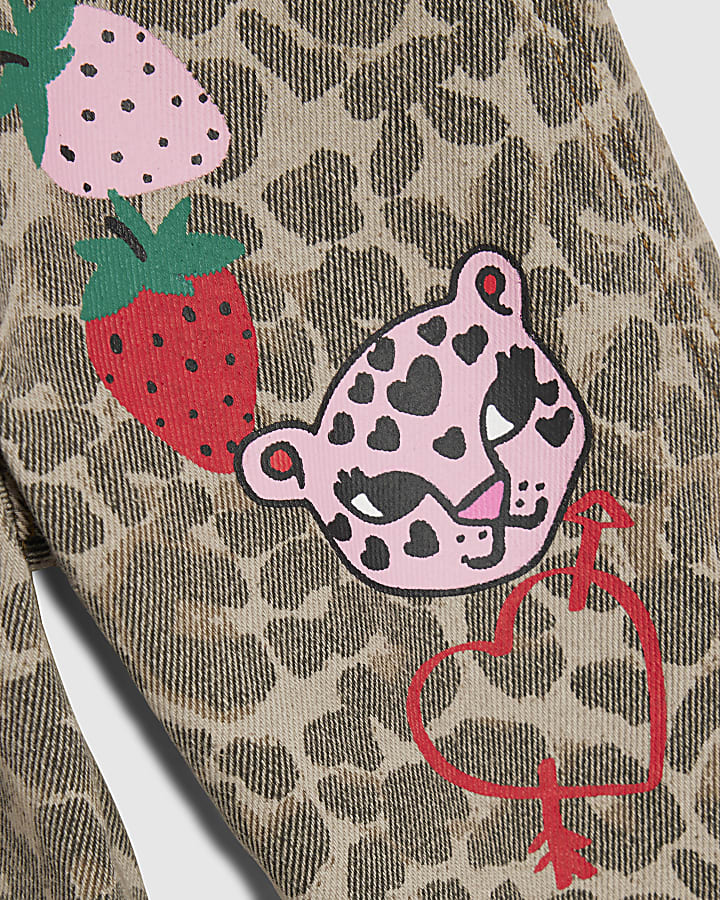 Mini Girls Brown Leopard Print Dungarees
