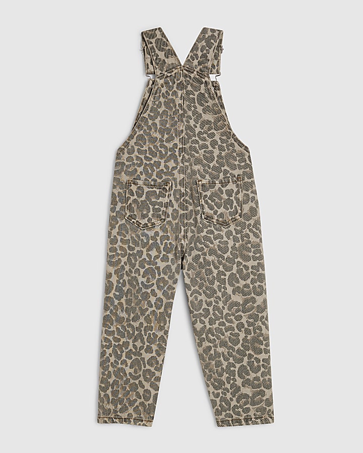 Mini Girls Brown Leopard Print Dungarees