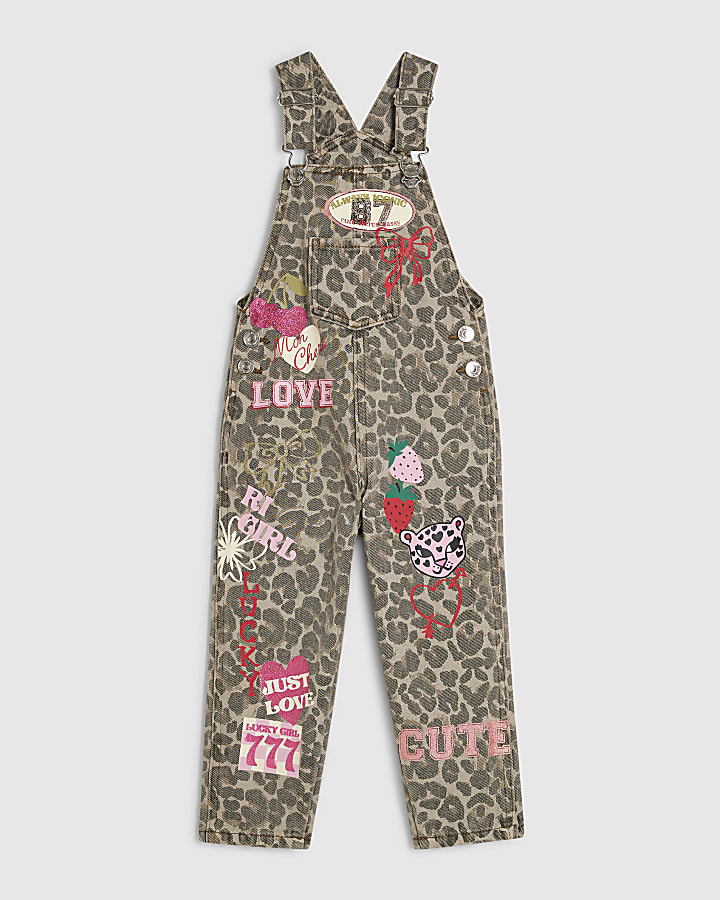 Mini Girls Brown Leopard Print Dungarees