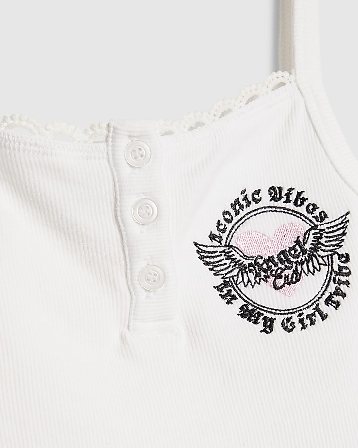 Girls White Embroidered Angel Tank Top Set