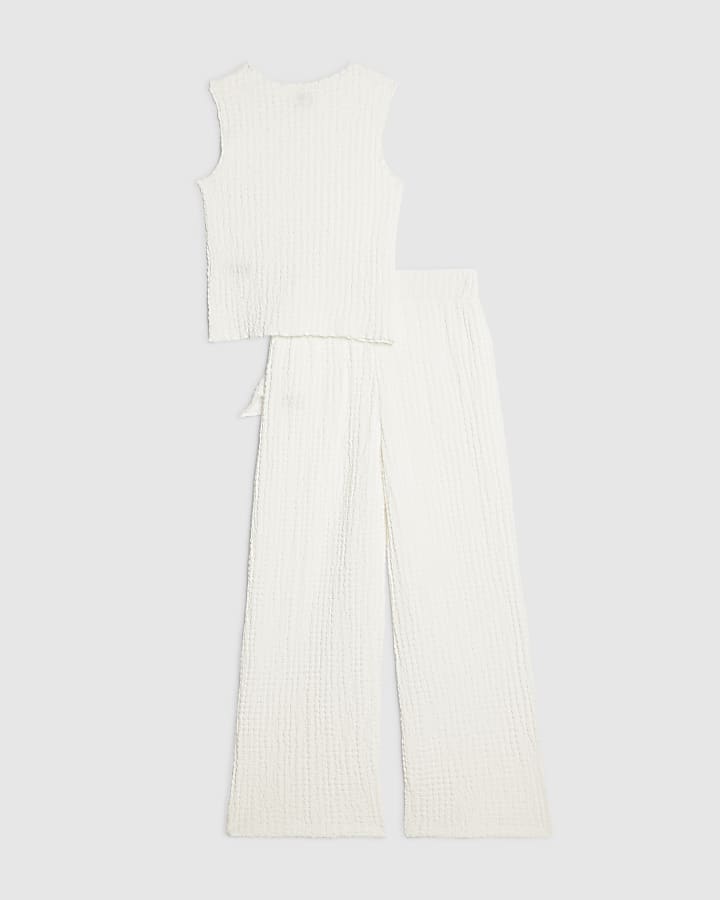 Girls White Textured Top & Trouser Set