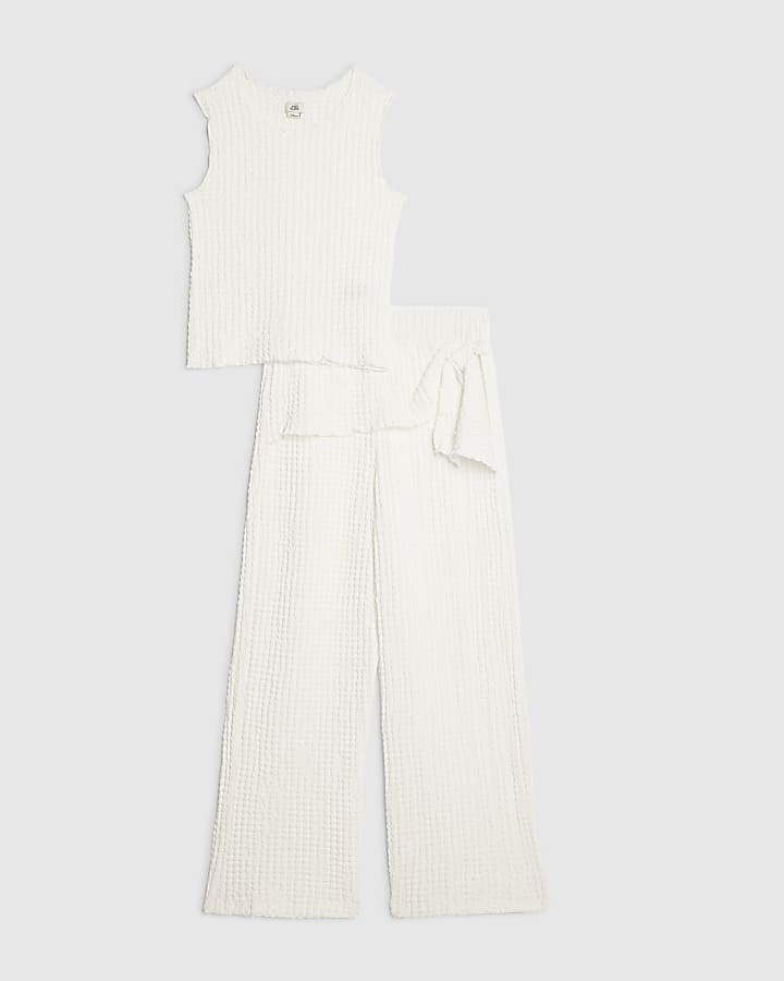 Girls White Textured Top & Trouser Set