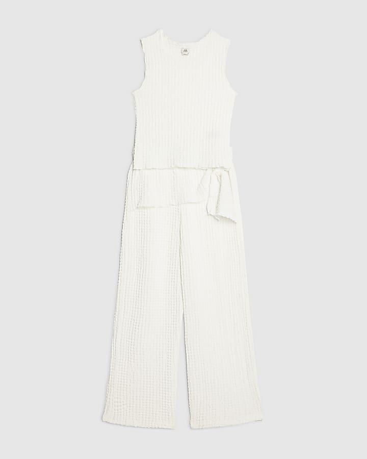 Girls White Textured Top & Trouser Set