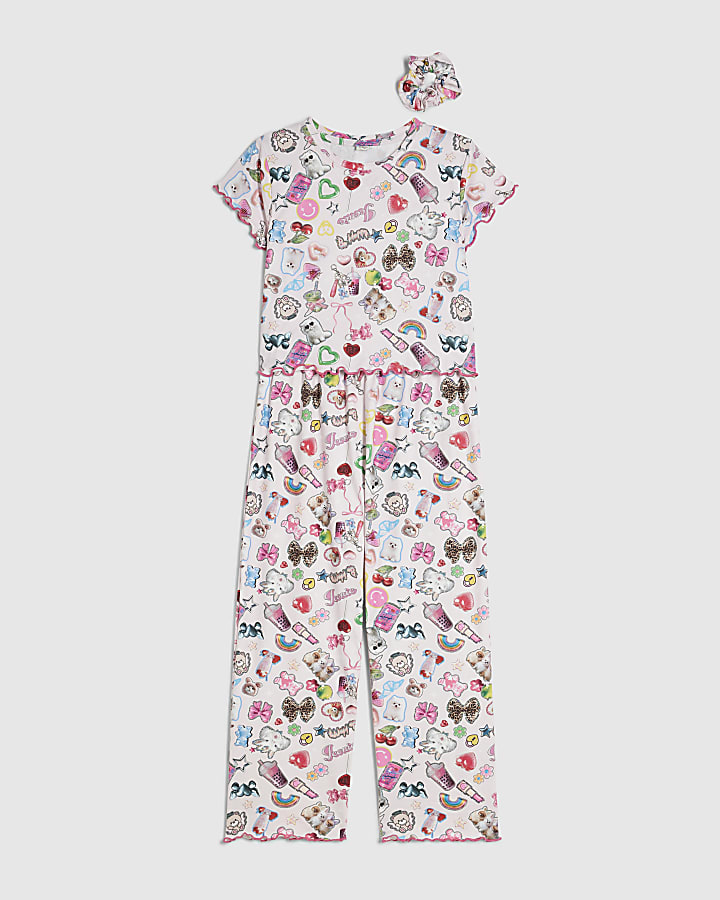Girls Pink Sticker Print Pyjamas Set