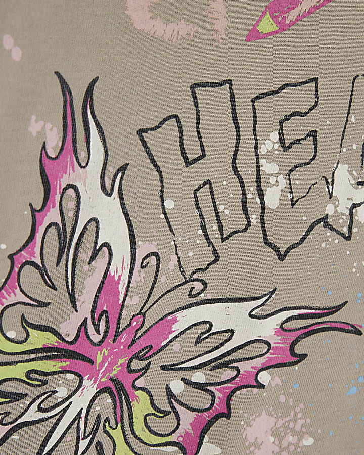 Girls Beige Graffiti Print T-Shirt