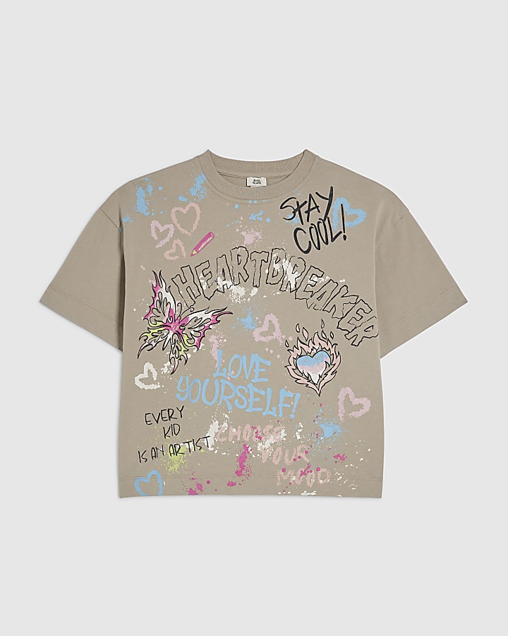 Girls Beige Graffiti Print T-Shirt