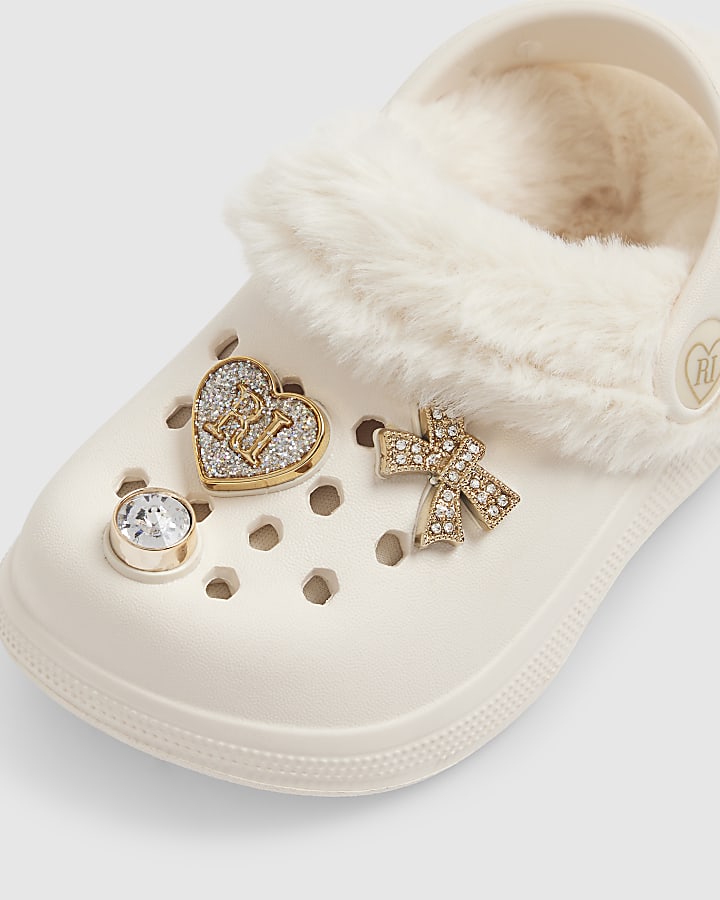 Mini Girls Cream Faux Fur Lined Gem Clogs