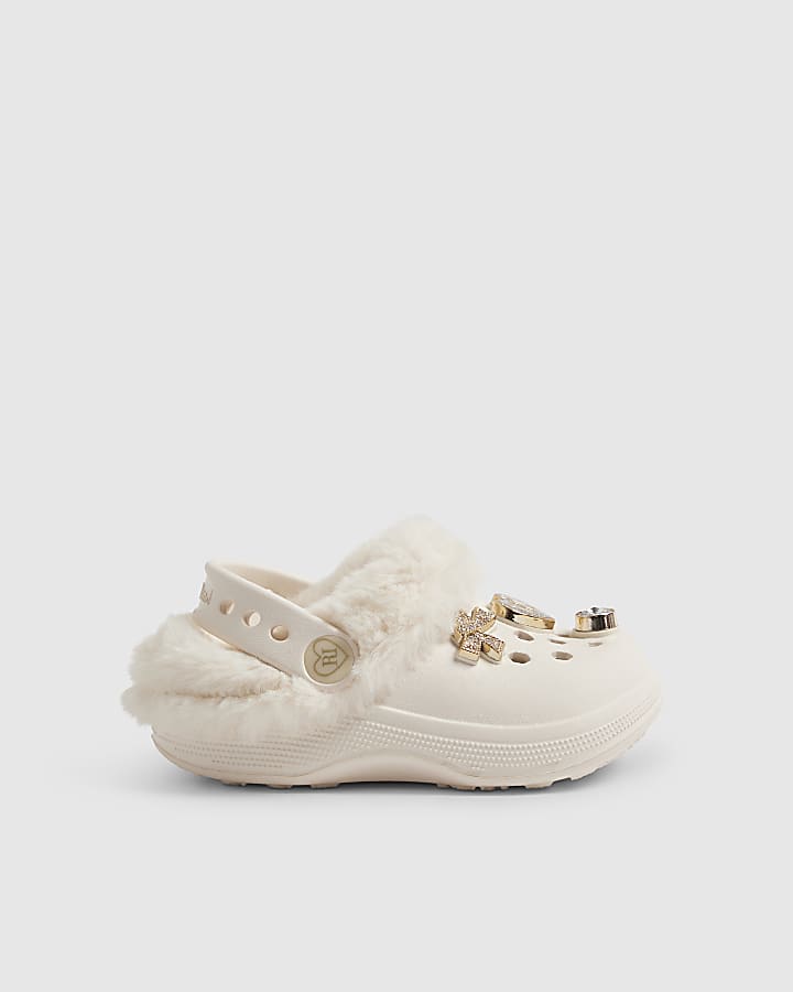 Mini Girls Cream Faux Fur Lined Gem Clogs