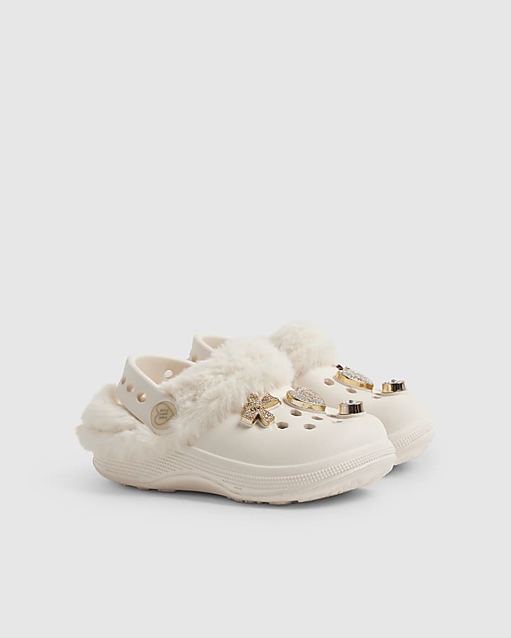Mini Girls Cream Faux Fur Lined Gem Clogs