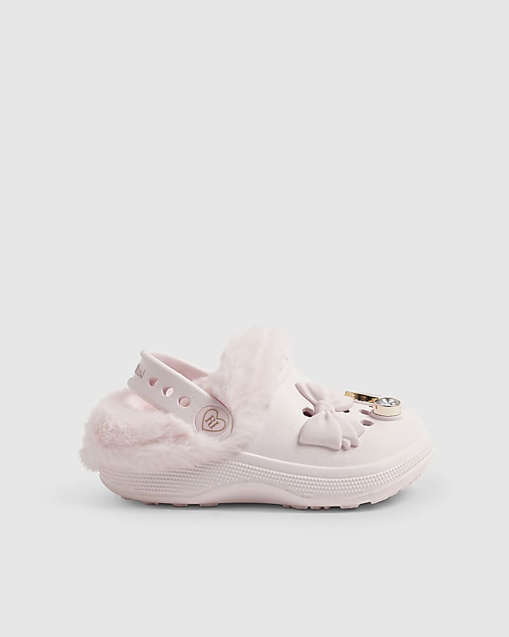Mini Girls Pink Faux Fur Lined Bow Clogs
