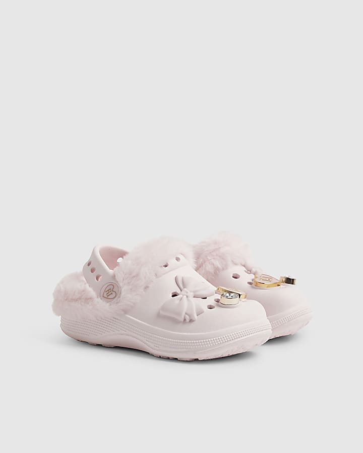 Mini Girls Pink Faux Fur Lined Bow Clogs