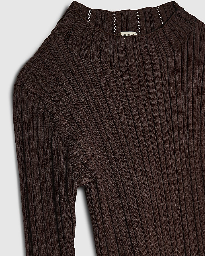 Mini Girls Brown Knit Whipstitch Top Set