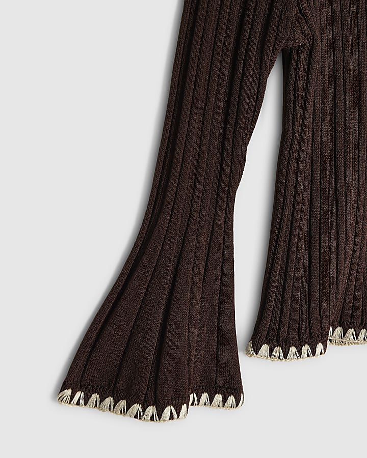 Mini Girls Brown Knit Whipstitch Top Set