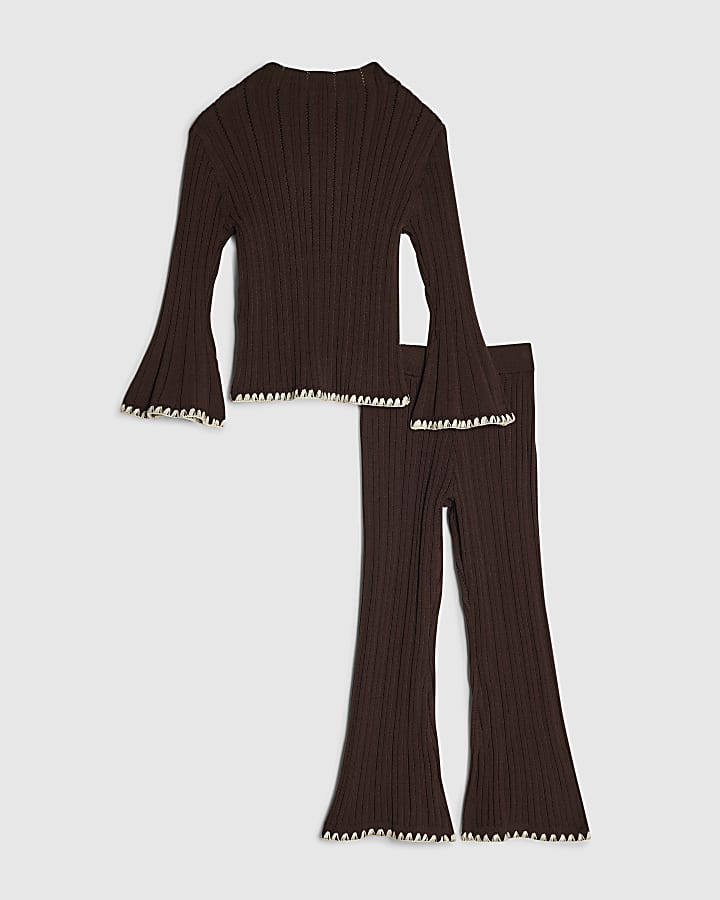 Mini Girls Brown Knit Whipstitch Top Set