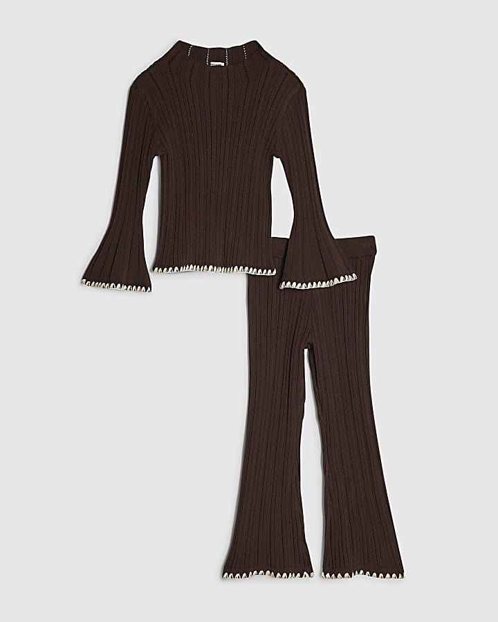 Mini Girls Brown Knit Whipstitch Top Set