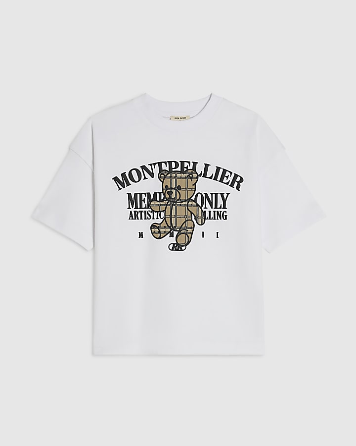 Mini Boys White Check Bear T-Shirt