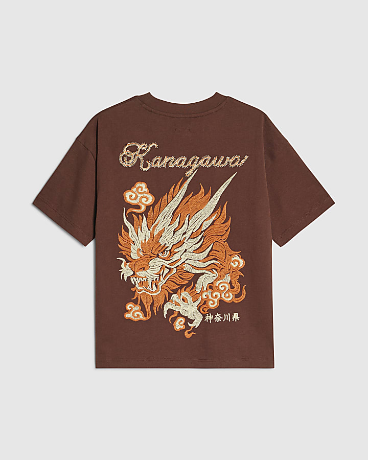 Boys Brown Embroidered Dragon T-Shirt 