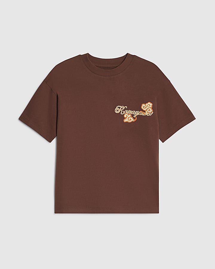 Boys Brown Embroidered Dragon T-Shirt 