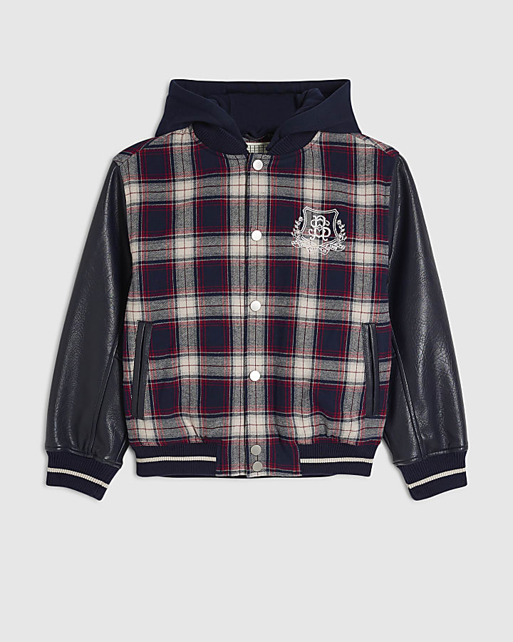 Boys Navy Check Bomber Jacket