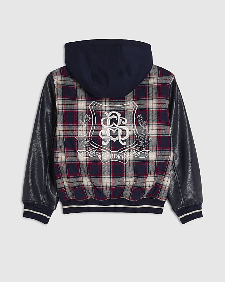 Boys Navy Check Bomber Jacket