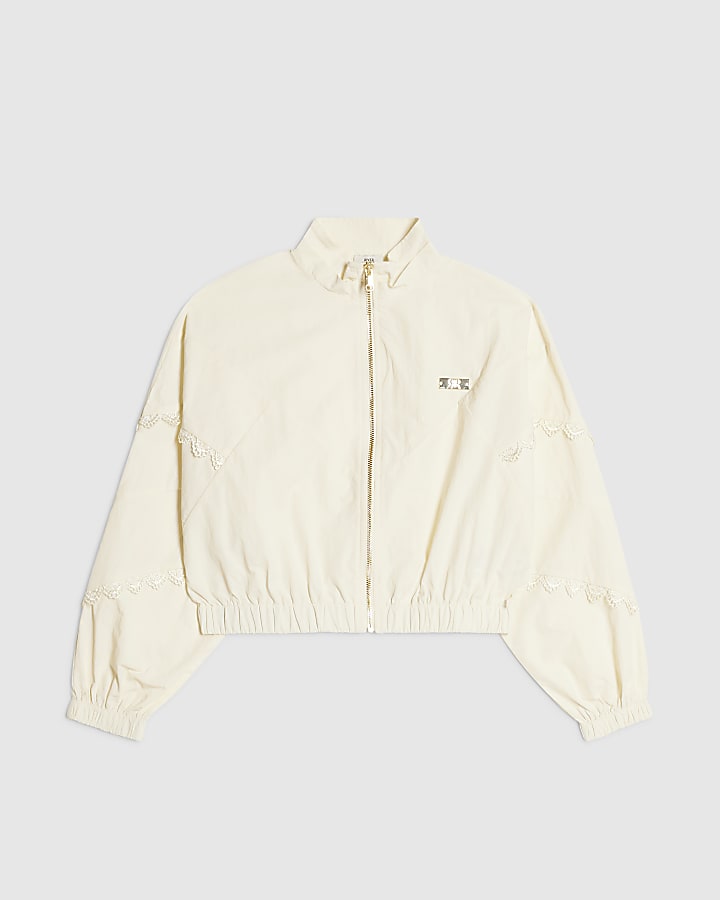 Girls Cream Lace Funnel Neck Bomber Jacket