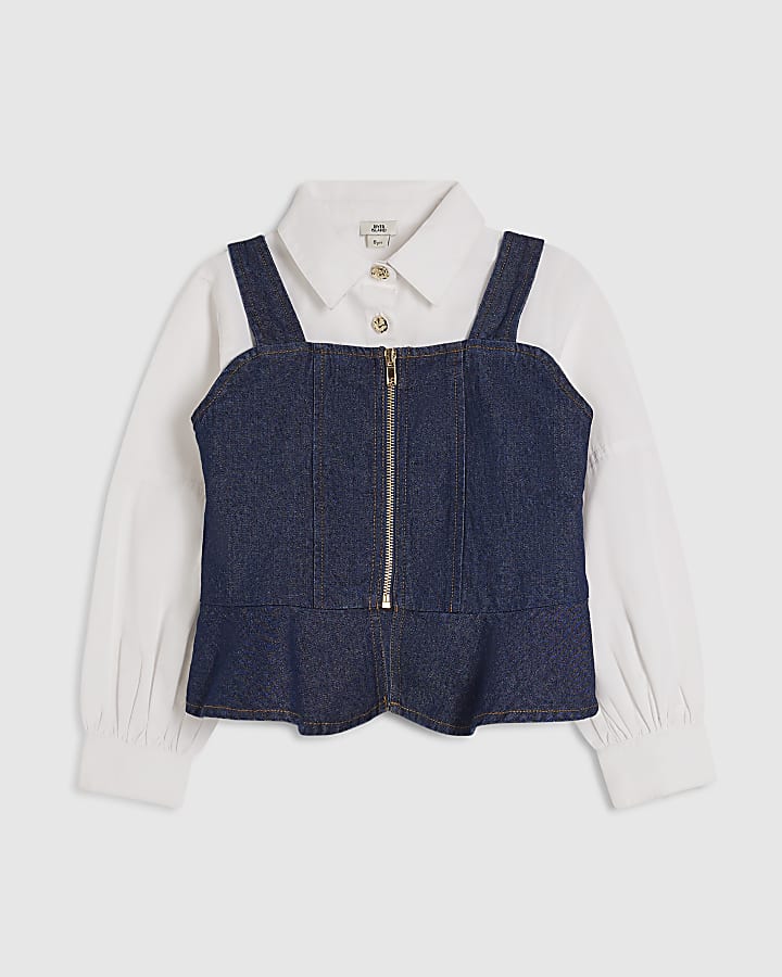 Girls Blue Hybrid Denim Shirt Set