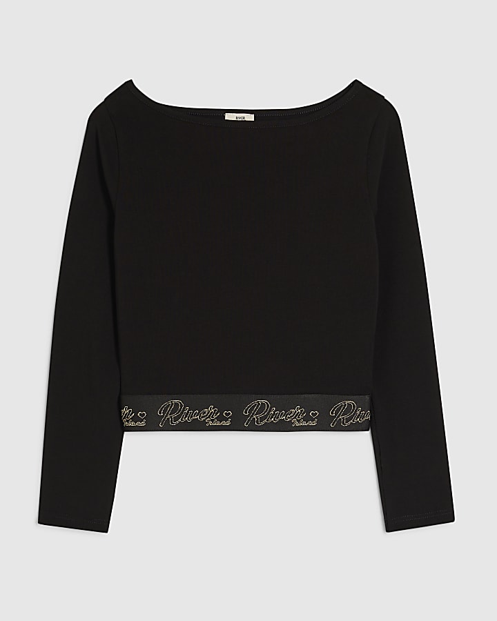 Girls Black Boatneck RI Waistband Top