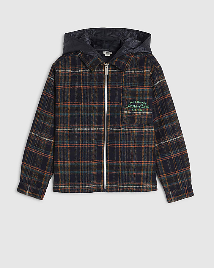 Boys Navy Quilted Check Hoodie