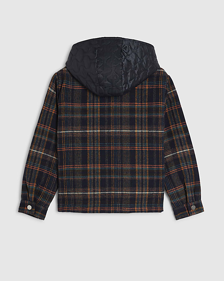 Boys Navy Quilted Check Hoodie
