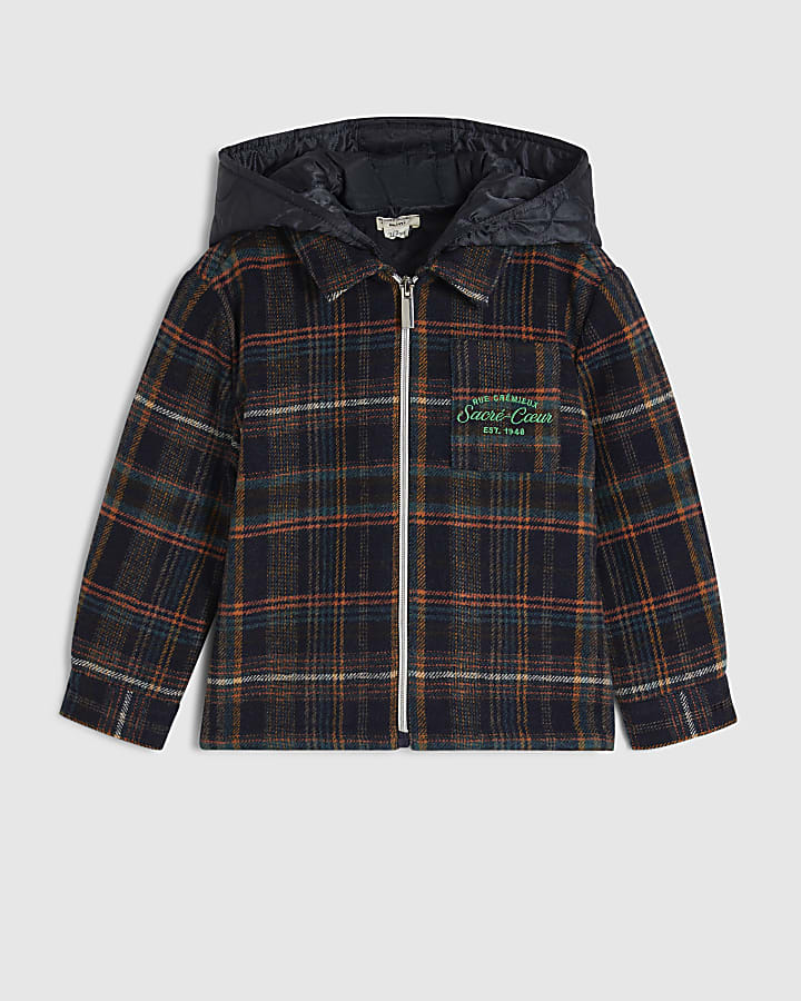Mini Boys Navy Quilted Check Hoodie