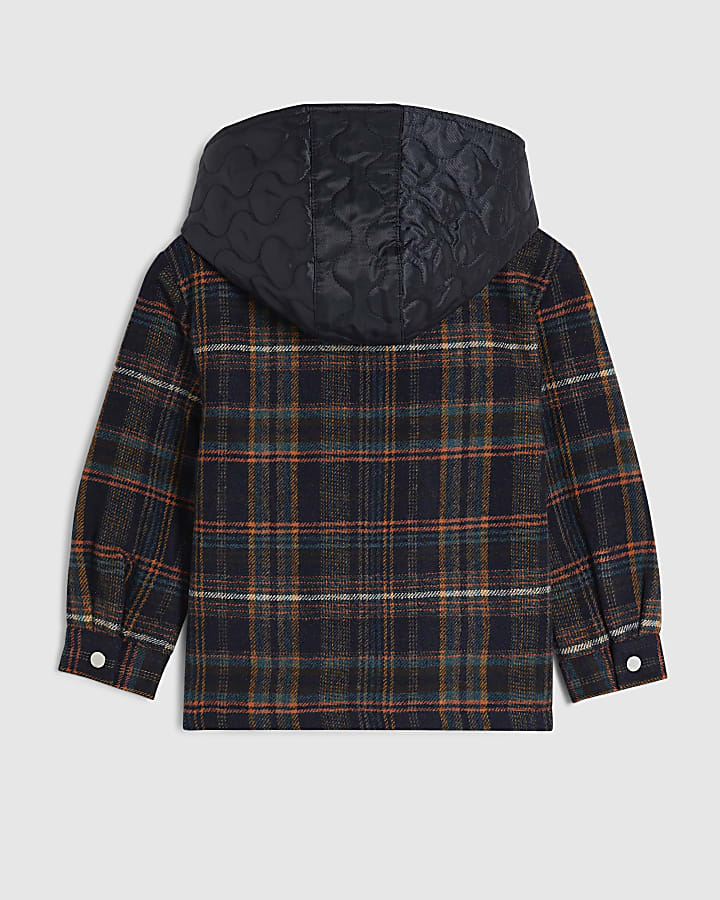 Mini Boys Navy Quilted Check Hoodie