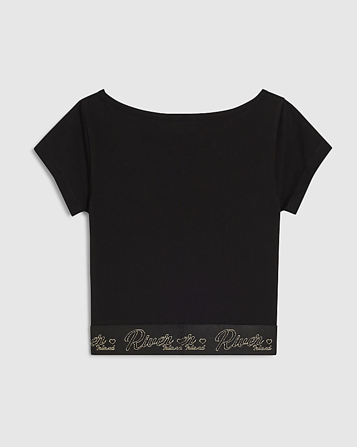 Girls Black Cap Sleeve RI Waistband Top
